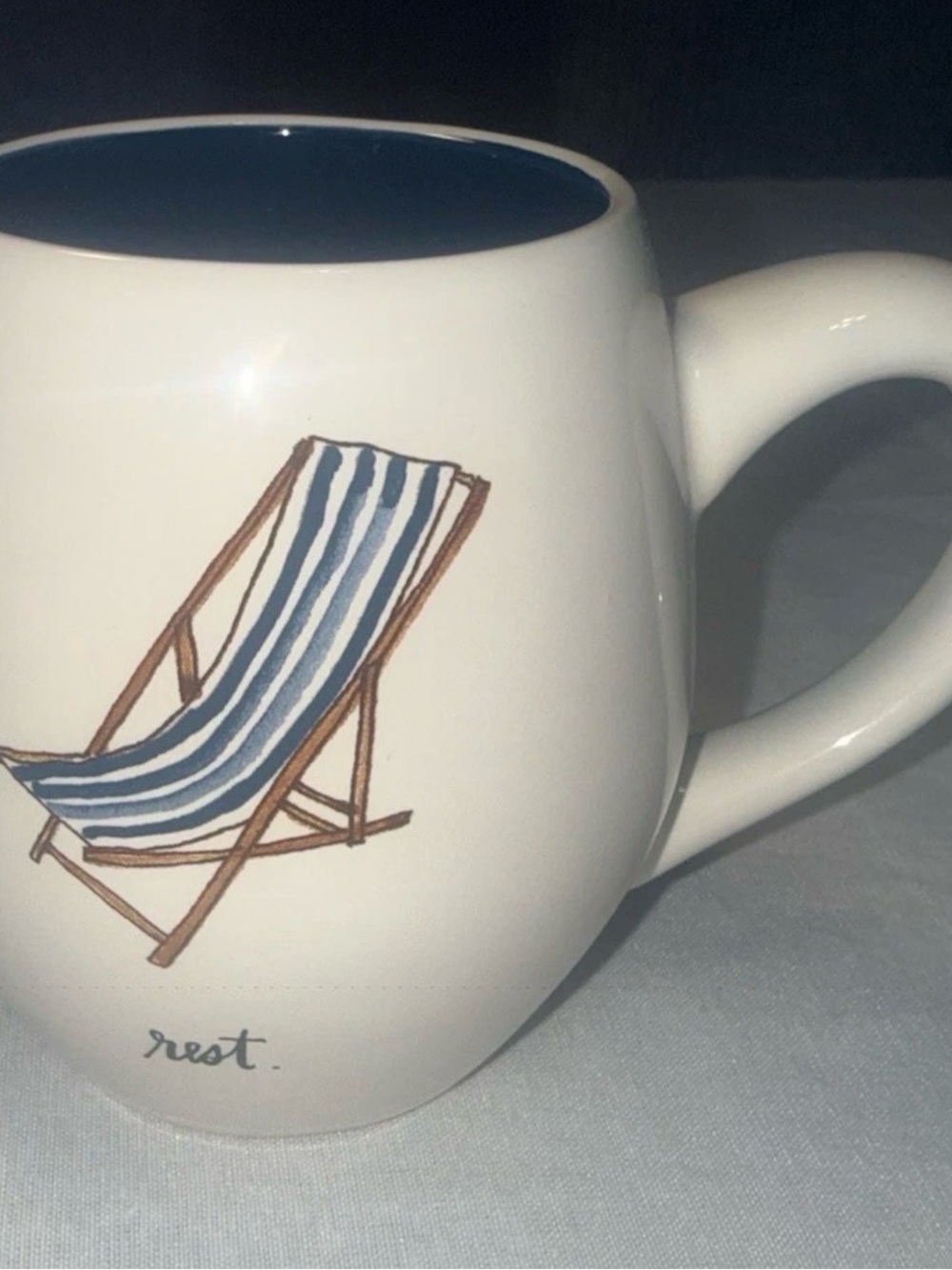 Rae Dunn White Ceramic 'Rest' Beach Chair Mug with Blue Interior